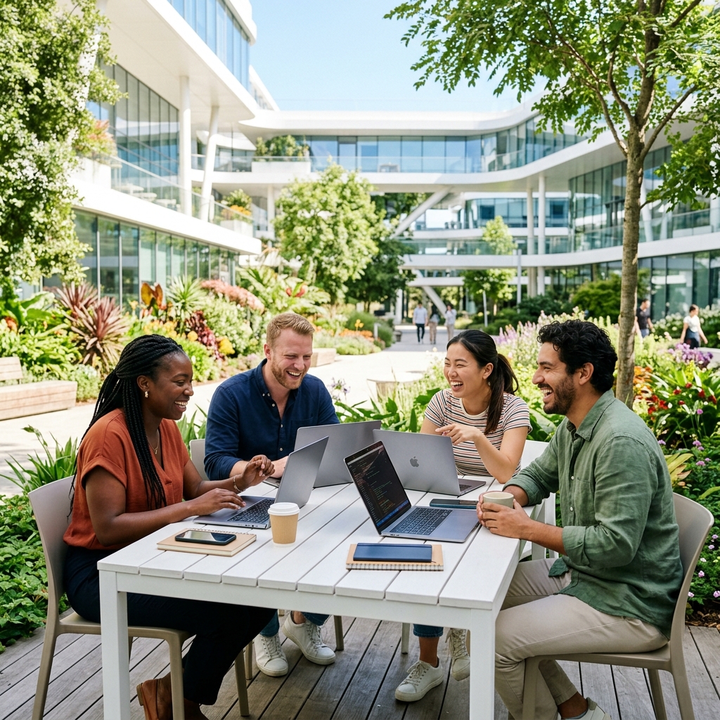 A diverse group of happy IT collaborators working together in a modern office